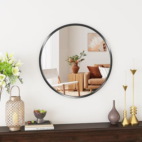 SDXYSTCE 50cm Spiegel Rund,Schwarz Wandspiegel mit Rahmen Aus Aluminiumlegierung,Moderner Design runder Spiegel für Badezimmer, Wohnzimmer, Schlafzimmer, Eingang Wanddekoration