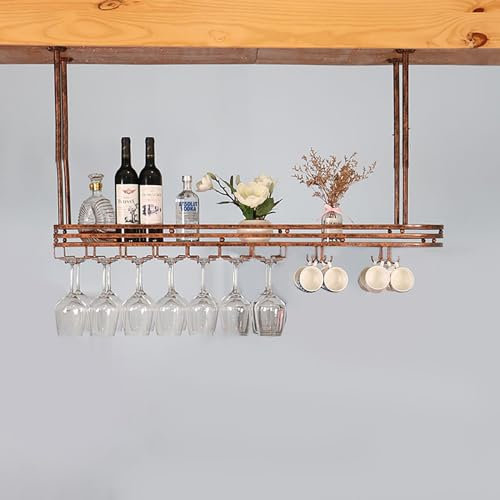 Wall Mounted Brass Wine Glass Rack with LED Bottle Display Ideal for Bar Cafe and Kitchen Suspended Storage Shelf for Liquor and Wine Glasses 47.2 长