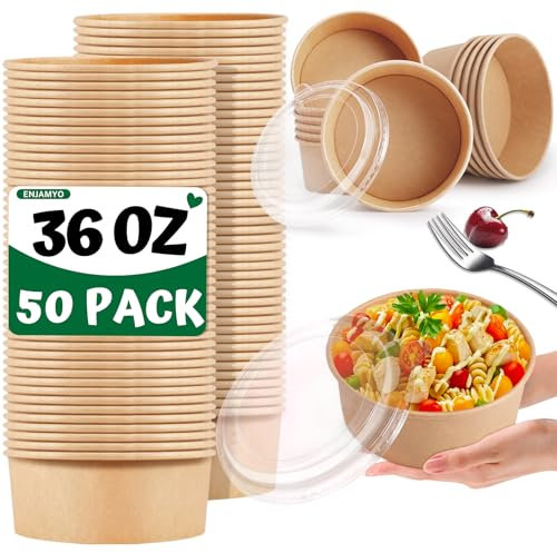 Enjamyo 36Oz Large Paper Bowls with Lids,50 Pcs Disposable Soup Bowls Bulk,Kraft Paper Salad Bowl,Round Paper Bowls,Heavy Duty Soup Serving Bowls For Hot/Cold Food Soup, Salad, Ice Cream(36 oz)