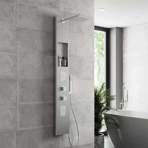 Architeckt® Thermostatic Shower Tower Column Panel, Three Function 3-in1 System with Rainfall Head Handset 2 Body Jets Showers Square, Chrome