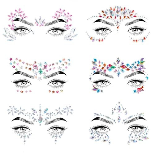 Canvalite 6 Pcs Face Gems for Women Festival, Rhinestone Face Jewels Temporary Tattoos, Festival Accessories for Halloween Christmas Birthday Carnival Party
