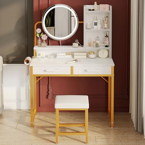 ODK Schminktisch mit LED-Lichtern, Verstellbare Helligkeit & Höhenverstellbar für 120-180 cm, Makeup Desk with Stool, 2 Stoffschubladen und 4 offene Fächer, 80×40×136cm, Weiß+Glod