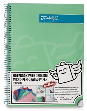 Mr. Wonderful - Libreta A4 Verde - 240 páginas cuadriculadas Microperforadas - Tapa Extradura - Encuadrenación en Espiral- Incluye pegatinas