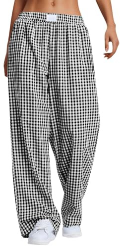 PADOLA Pantalon Fluide Femme Été Lin Bas de Pyjama à Carreaux Taille Elastique Pantalons de Nuit avec Poches Ample Jambe Droite Pantacourt Yoga Décontracté Pyjamas Léger Grande Taille (0 Noir, S)