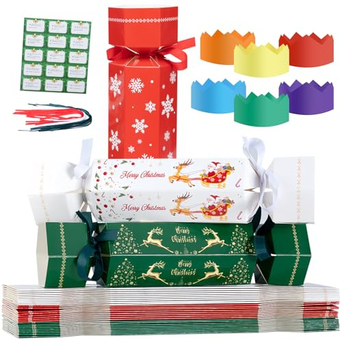 30 Pack Christmas Crackers – Make Your Own Christmas Crackers with Paper Hats, Riddle Cards & Ribbon, DIY Candy Boxes and Reusable Gift Box for Family Party Favours & Table Decoration - No Snap