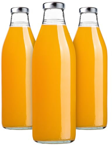 KADAX 3er Set Glasflaschen 1L mit Schraubverschluss Silber – Leere Milchflaschen Saftflaschen zum Befüllen für Saft, Milch, Smoothies & Sirup, Refillable Glass Bottles