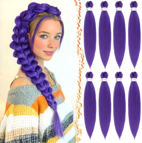 BARSDAR Cheveux Tressés Pré-étirés, 66cm 8 Packs Longue Violet Pre Stretched Braiding Hair Yaki Texture pour Tresses Africaine Synthétique Crochet Braiding Extensions de Cheveux Hot Water Costume