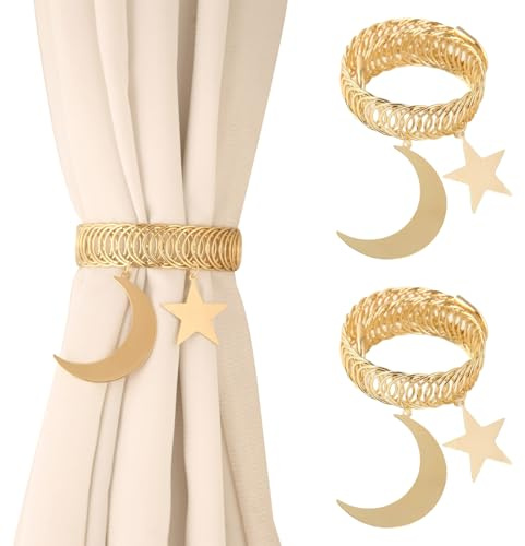 BSITSSS 2PCS Vorhang Raffhalter, Sterne und Mond Raffhalter für Vorhänge, Niedlich Raffhalter für Gardinen, Gardinenhalter Federbelastete Schlaufe, Vorhang Halter für Haus, Büro, Wohnzimmer, Fenster