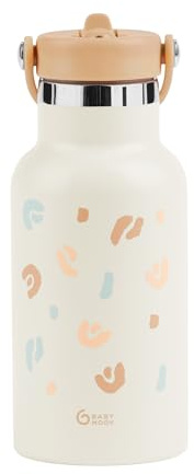 Babymoov Edelstahl Trinkflasche Kinder 350ml Little Explorer Ivory - Isolierte Trinkflasche mit Strohhalm, Auslaufsicher, inkl. Ersatzstrohhalm & Flaschenbürste, ergonomischer Tragegriff