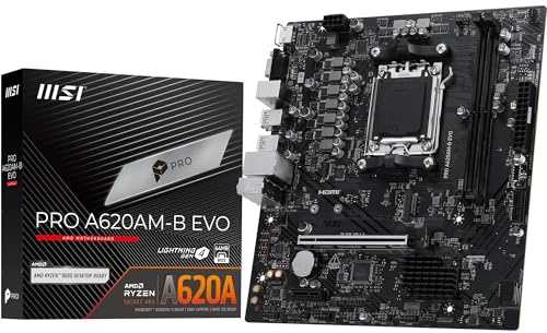 MSI Pro A620AM-B Evo Carte mère, Micro-ATX, pour processeurs AMD Ryzen 9000, 8000 & 7000, AM5 – DDR5 Memory Boost (6800+MHz/OC), 1 x PCIe 4.0 x16, 1 x M.2 Gen4