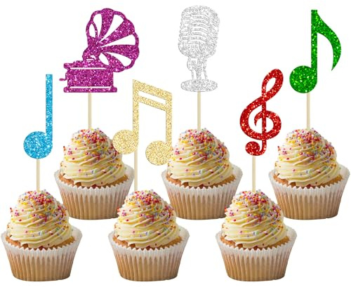 Ephlyn 30Pcs Music Theme Cupcake Toppers Glitter Microphone Musical Symbol Cupcake Picks Rock Music Concert Theme Birthday Party Decorations Supplies Multi Note