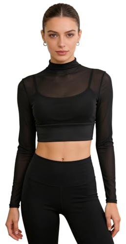 dPois Donna Maglia Sportiva Manica Lunga Top Corto da Yoga Pilates per Palestra T-Shirt Sportive da Danza Classica Camicia Trasparente con Canottiera Integrata Sportswear Nero S