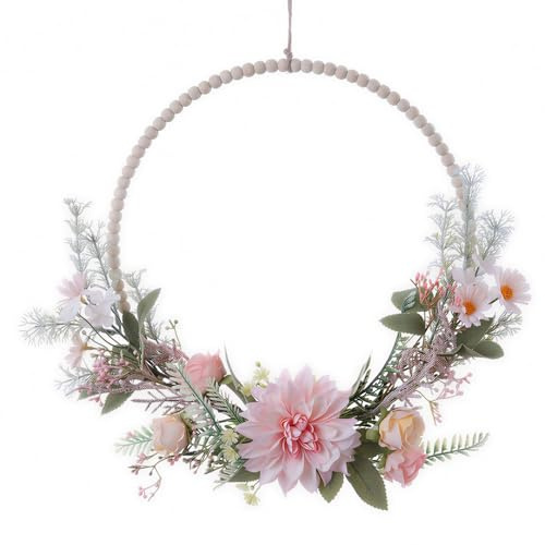 Door Wreath,16 Spring Summer Wreath for Front Door,Artificial Flower Wreath for Indoor Outdoor Porch Party Wall Front Door Decor with Wood Beads,Home Decor