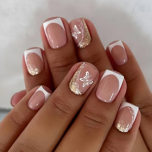Virellay 24 Stück Press on Nails Kurz, Französische Künstliche Nägel, Natürlich Weiß French Fake Nails mit Gold Schmetterling Glitzer, Full Cover Fingernägel zum Aufkleben für Frauen(French Glitter)
