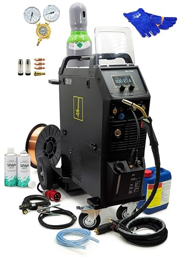 Spartus Promig 335DP - Soldadora completa con bombona de gas y alambre, 300 A, 400 V, doble pulso, MIG MAG Inverter – Refrigerado por agua, sinergia, accionamiento de 4 rodillos – Gran kit de