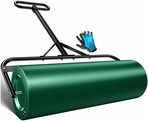 KESSER Rodillo de césped de metal rellenable con agua o arena con 63 litros de volumen y 99 cm de ancho | rodillo de jardín incluye guantes | rodillo manual de césped en verde