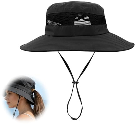 RANYAKE Cappello da sole per donne e uomini, cappello da pescatore da spiaggia, protezione UV, cappello estivo a tesa larga pieghevole pieghevole da pesca con foro per coda di cavallo per pesca