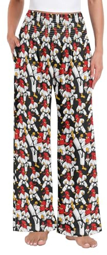 decor gift Pantalones de pierna ancha para mujer con bolsillos, cintura alta, divertidos, Kung Fu, pollo, gallo, holgado, para trabajo, oficina, negocios, Funny Kung Fu Chicken Rooster, X-Large