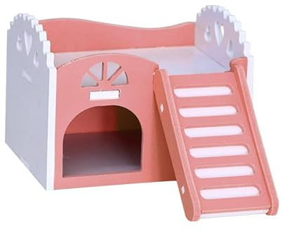 IMIKEYA Casa de Madera para Hámster, Refugio Amplio Balcón y Escalera | Montaje sin Herramientas, Incluye Cuenco para Comida, Rosa, para Ratones y Animales Pequeños