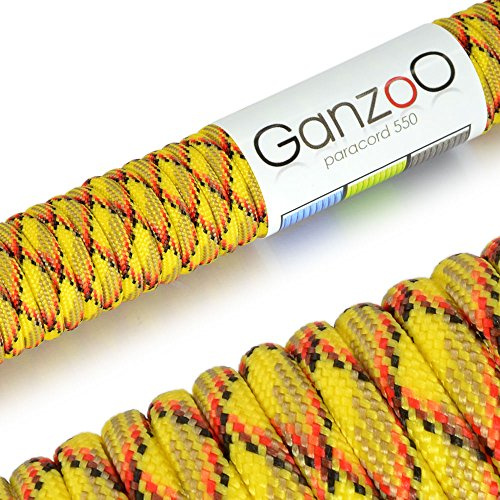 Ganzoo Paracord 550 Seil, Nylon-Polyester, 4mm, Typ 3, 30 Meter, 7 Kernstränge, Outdoor-Schnur, Allzweck-Seil, Hundehalsband, Hundeleine, Armband knüpfen, Camping, Survival - gelb rot schwarz