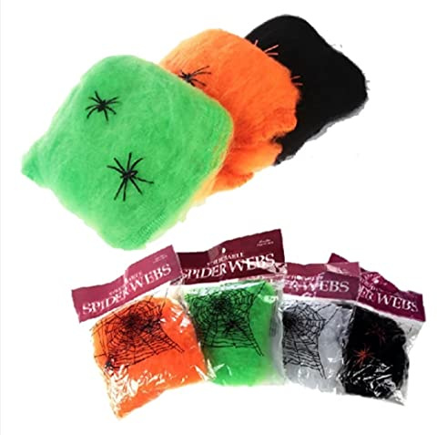 RMCtrends® Pack of 4 Halloween Spider Webs/Party decorations - Black, Green, Orange and White (Includes a packet of 20 Black Spiders)
