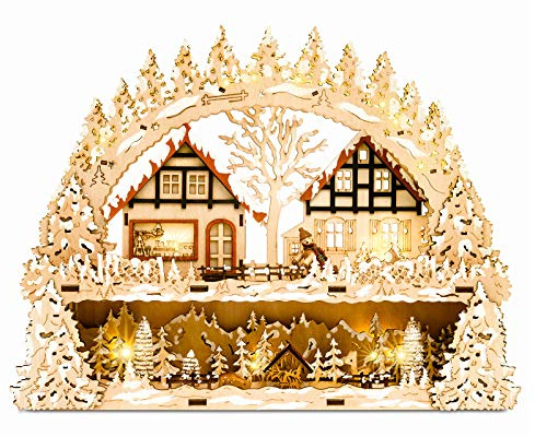 SIKORA LB65 Holz Schwibbogen beleuchteter LED Lichterbogen Motiv Winterdorf Waldszene Deko Weihnachten inkl. Netzteil Breite 43cm