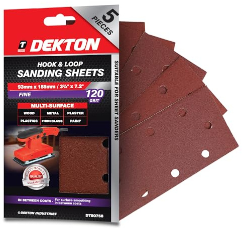 Dekton 5PC Hook and Loop Sanding Sheets 185mm/Extra Coarse - 120 Grit | Ideal for Sheet Sanders | Multi-Surface Use on Wood, Metal, Plaster, Plastics & Paint | Heavy-Duty Sanding Performance