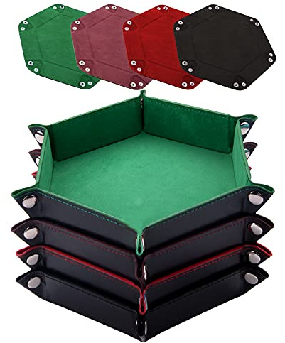 SIQUK 4 Stück Würfelbretter Leder und Samt Würfelteller, 4 Farbe Würfeltablett Hexagon Würfelteller Leder Würfelbretter für RPG DND Dragons Würfel Gaming (Kaffee, Grün, Rot und Schwarz)