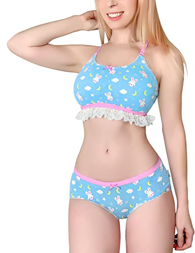 Littleforbig Lacy Trim Women Nightwear Strap Sleepwear Cami Top Shorts Lingerie bralette loungewear Set - Snuggle Bunny Blue XL
