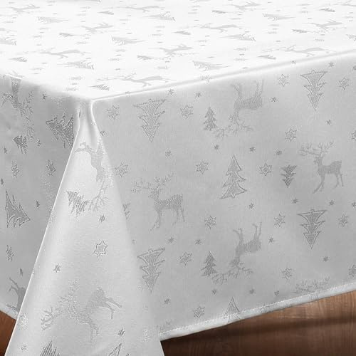 BEAUTEX Lurex Weihnachtstischdecke Weiss 130x160 cm | Festliche Tischdecke für Weihnachten und Advent, pflegeleicht und dekorativ für Esstisch, Festtafel und Weihnachtsdeko