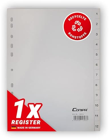 Conipa Trennblätter für Ordner A4, Register 1–12, 1er Set, PP | Nummerierte Registerblätter 1–12 mit Universallochung, Made in Germany aus recycelten Rohstoffen
