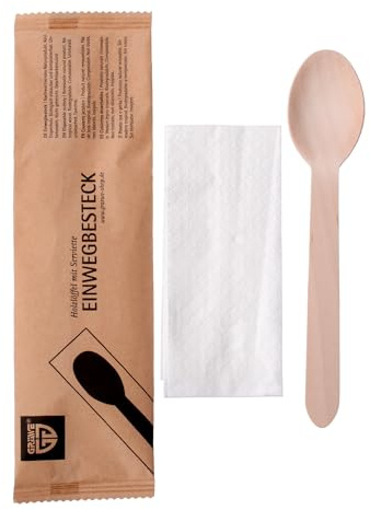 GRÄWE Holzlöffel mit Serviette, 100 Sets, Nachhaltiges Besteckset aus Holz, Biologisch Abbaubar und Kompostierbar
