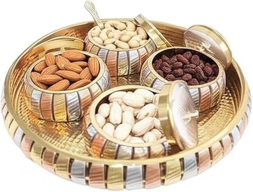 LAKSHMI'S EAGLE Brass Decorative Tray with 3 Bowl Round Plate Serving Tray Bowl For Dry Fruits Dessert Platter Handicrafted Dry Fruit Bowl Metal Jewellery Organiser Multi-Purpose Tray Diwali Gifts