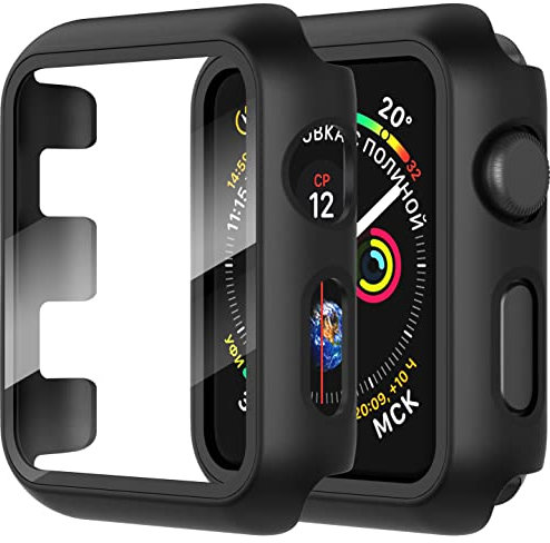 Diruite 2-Stück Hülle für Apple Watch Series 3/2/1 42mm Hartglas Schutzhülle,Hard PC Ultradünne Glas Schutz Case Rundum Displayschutz,Schwarz,42mm