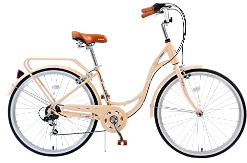 WEEROCK 26 Inch Adult Cruiser Bicycle Ladies Bike 7 Speeds Steel Frame Cith Bikes Commuter Cycle for Women, Men, Seniors, Beige