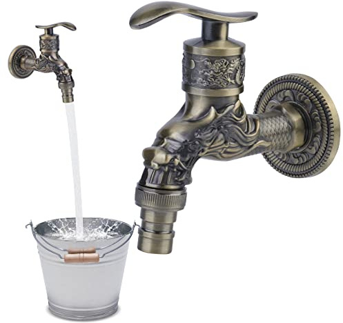 Nizirioo Antik Wasserhahn 1/2 Zoll Wandmontage - Drache Geschnitzt Vintage Messing für Badezimmer, Küche, Garten