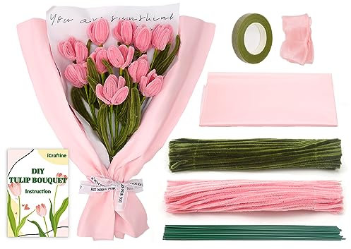 iCraftine 200 Pieces Pipe Cleaners Flower Set DIY Chenille Stems Tulip Bouquet Kit with Step-by-Step Video Tutorials for Wedding Gift, Holiday Decoration