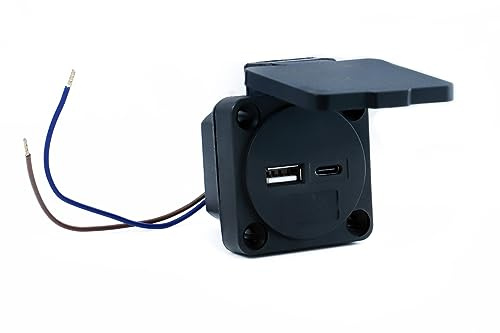 HOLZER/USB Ladesteckdose A und C/Anbausteckdose / 2X Ports/Eingangssp. 230V & Ausgang Ports 5V / 2,1A – Zur Verwendung im Außen & Innenbereich – Mit Deckel – IP54 (Blau)