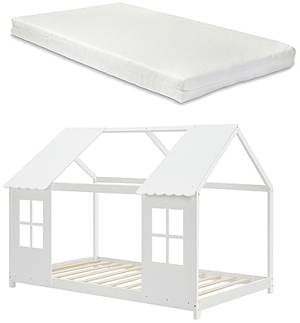 [en.casa] Kinderbett Tostedt mit Matratze Hausbett Jugendbett Bettenhaus Halboffenes Design Montessori Bett aus massiver Kiefer Bettgestell Holz 90 x 200 cm Weiß