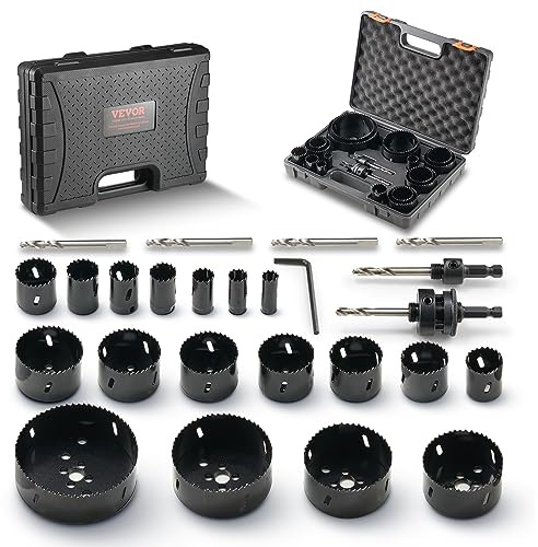 VEVOR Scie Cloche Bi-métal Coffret de Scie Trépan avec 18PCS Lames de Scie 19-114 mm Profondeur de Coupe 38 mm 6 Mèches 1 Clé Hexagonale Accessoires pour Perceuse Visseuse Percer Bois Tôle Plâtre PVC