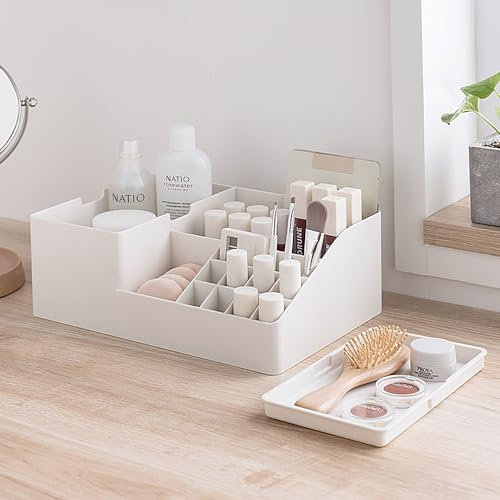 FRETONBA Make Up Kosmetik Organizer Plastik|14 Quadrate Multifunktion Schminktisch Organizer mit Deckel|Große Schmink Organizer für Bad,Schlafzimmer,Frisiertisch (Weiß