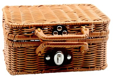 Cesta de almacenamiento con tapa y asas, caja de almacenamiento de ratán trenzado, cesta de mimbre tejida vintage, cesta rectangular para estantería, maletín de mimbre multifuncional para picnic,