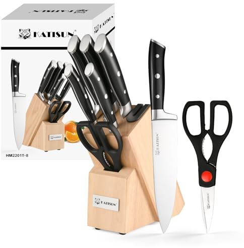 KATISUN 8 Piece German Steel 1.4028 Knife Set with Polished Handles for Comfort and Durability, Knife Block with Knives, Professional Kitchen Knife Set, Knife Sharpener