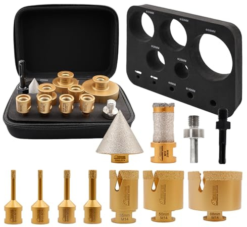 SHDIATOOL Diamant Kernbohrer Set 10pcs (6/6/8/10/35/50/68MM+25mm Fingerfräser+50mm Fasenfräser+Hex/SDS) Lochsägenset Fliesenbohrer Bits für Porzellan, Keramik, Marmor, Granit M14 Gewinde