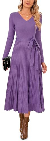 Arach&Cloz Jumper Dress for Women UK Long Sleeve Midi Knitted Pleated Dresses Fall Winter V Neck Stripe Sweater Dress