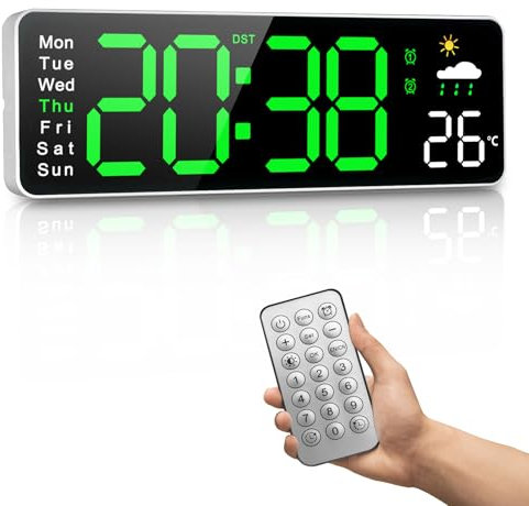 Orologio da Parete Digitale,12 Grande Orologio Digitale Con Telecomando,Multifunzionale Orologio da Parete da Può Testare le Previsioni Meteorologiche Sull'umidità,Per Soggiorno Ufficio aula,Verde