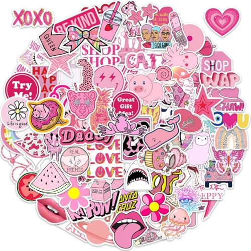 100Pcs Pink Preppy Stickers, Cute Pack Waterproof Vinyl Stickers, Y2K Cute & Pink Sticker, Cute Stickers Kawaii, for Laptop, Skateboard, Computer - Kawaii Aesthetic for Girls & Teens