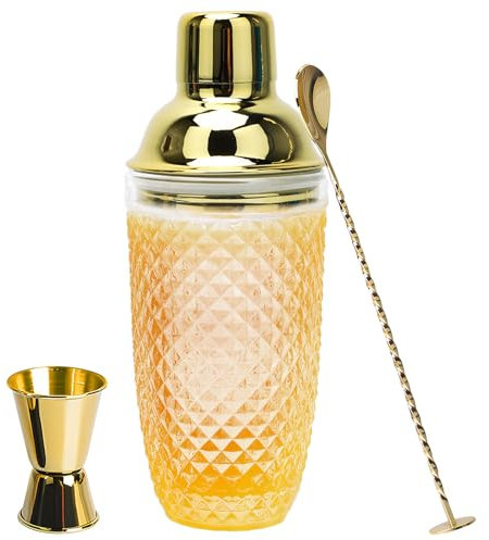 Cocktail shaker, Cocktail mixer,400ml Gold Klarglas Cocktail Shaker Set,Glas Mixer mit Edelstahl Messbecher und Schaufel,Gläser Shaker für Zuhause Bar Wein Gemischte Fruchtsäfte Getränke(Gold)