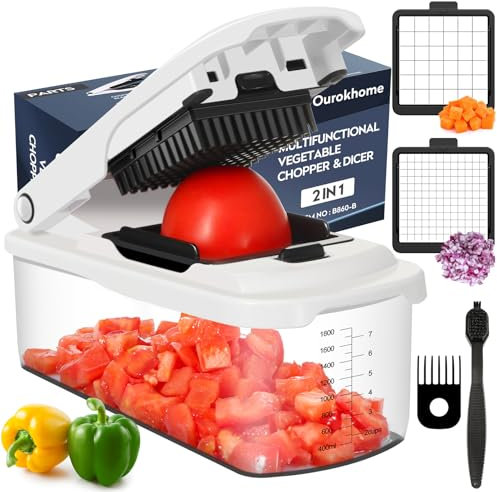 Ourokhome Vegetable Chopper Onion Cutter with Container, Multifunctional Food Chopper Veggie Dicer with 2 Blades for Carrot, Potato, Tomato, Essential Kitchen Gadgets (2 in 1, White)