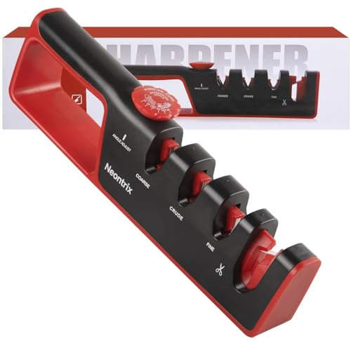 Afilador cuchillos profesional 4 en 1 con ángulo ajustable - Afilador de cuchillos manual para cocina y exteriores, mango ergonómico, base antideslizante, afilador cuchillos cerámica y diamante